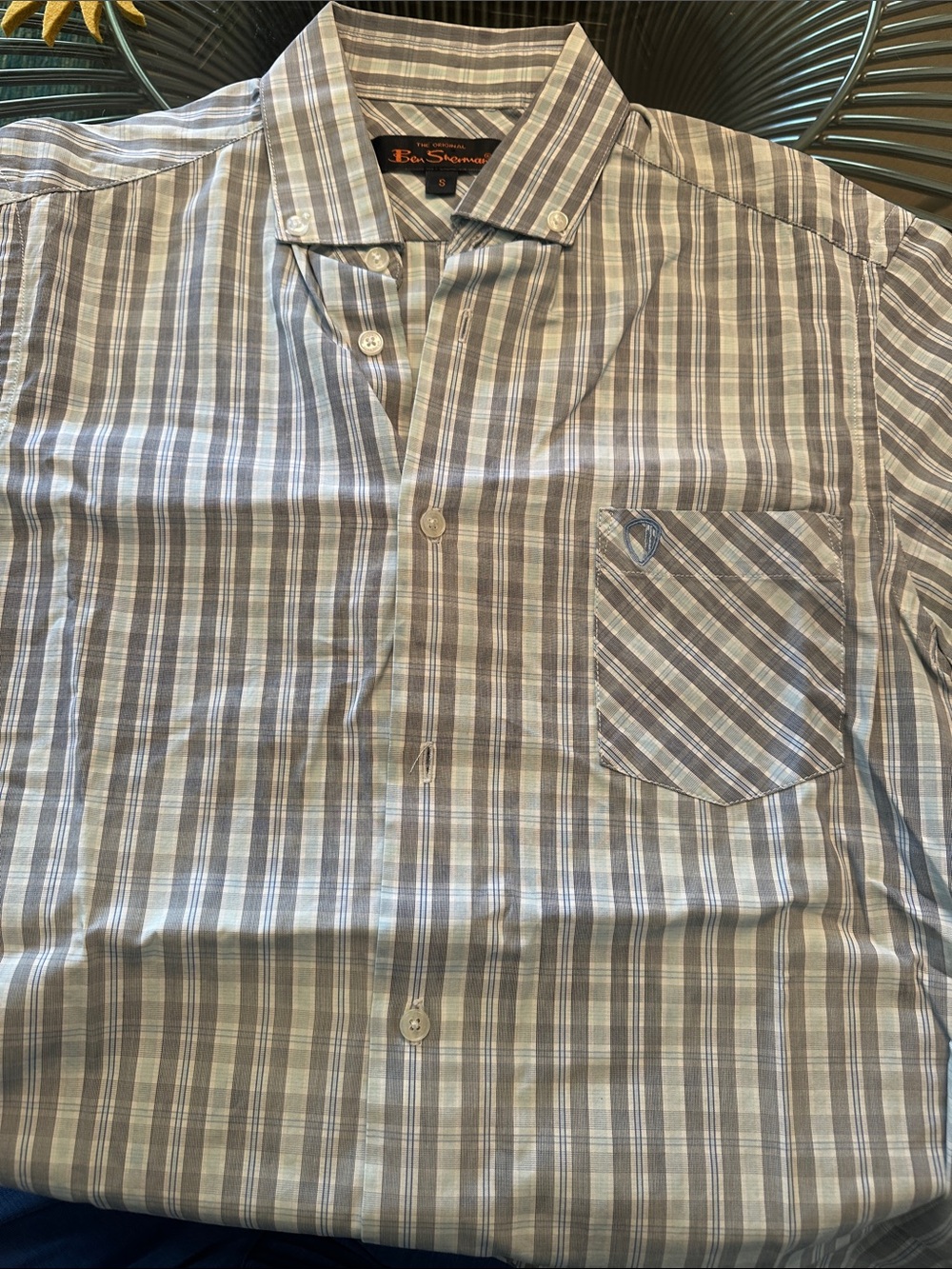 Ben Sherman Gray and White Striped Plaid Button-Down Shirt